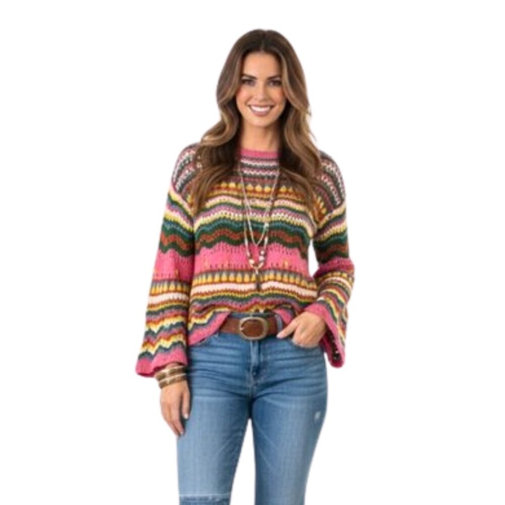 Multi-Color Striped Knit Sweater - Pink Pattern